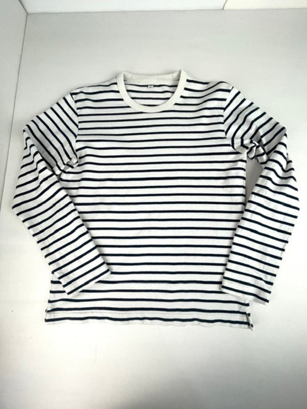 Uniqlo 100% Cotton Breton Stripe Long Sleeve Tee White Navy Women's Medium
